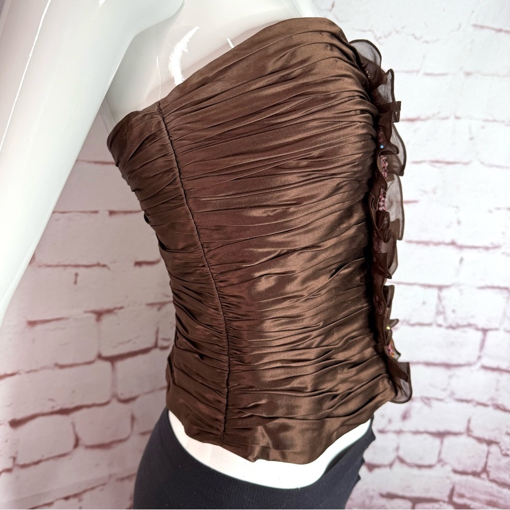 KAY UNGER Brown Ruched 100% Silk Bustier Corset Embellished Ruffle Size 4 - Picture 11 of 16